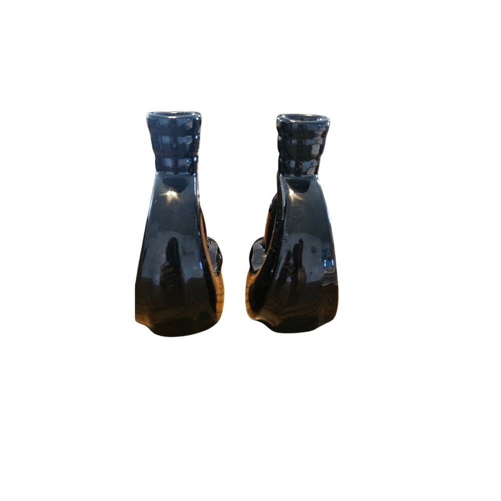 Pair Vintage Frankoma Pottery Black #305 Candle Holders 5-1/2" - Picture 2 of 4